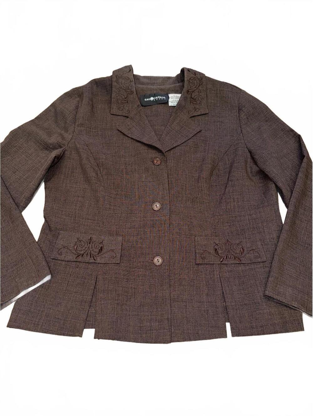 Vtg Sag Harbor Embroidered Blazer Jacket Brown Linen Look Textured Shacket 14